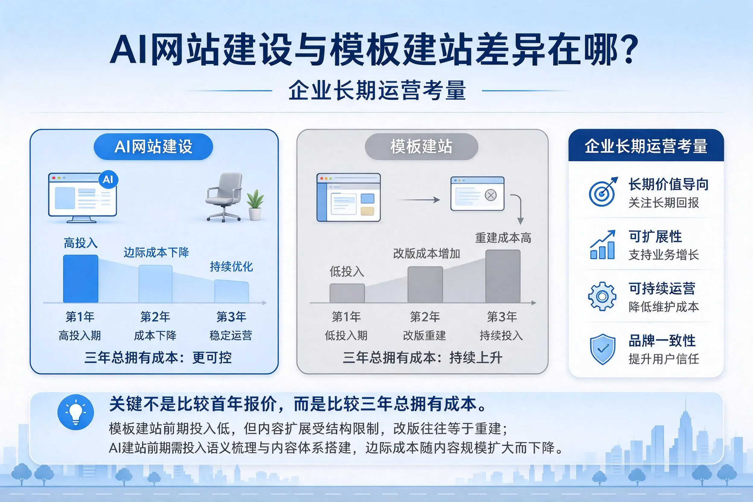 AI网站建设与模板建站差异在哪？三明企业长期运营考量